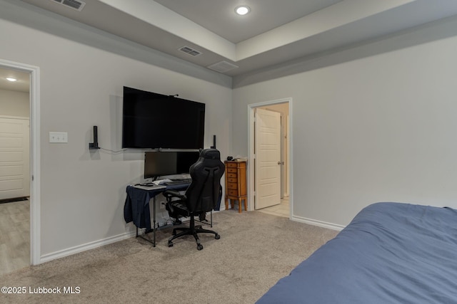 12010 N Crk 1500, Shallowater, TX 79363 - bedroom with baseboards, an office area, carpet, recessed lighting, and a tray ceiling