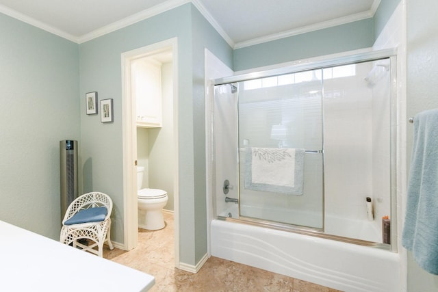 bathroom with crown molding, shower / bath combination with glass door, and toilet