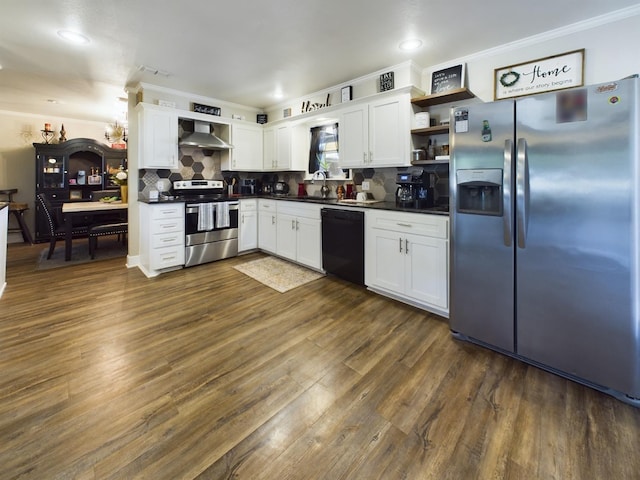 kitchen featuring white cabinetry, appliances with stainless steel finishes, wall chimney range hood, and backsplash