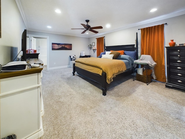 bedroom with ceiling fan, ornamental molding, and light colored carpet