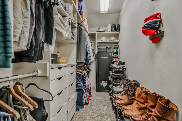 spacious closet featuring light colored carpet