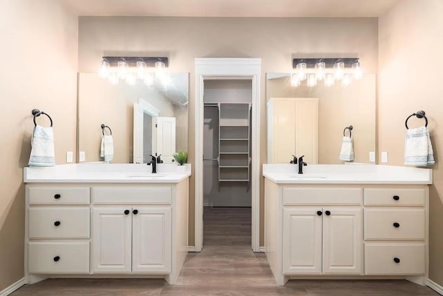 bathroom with vanity and wood-type flooring