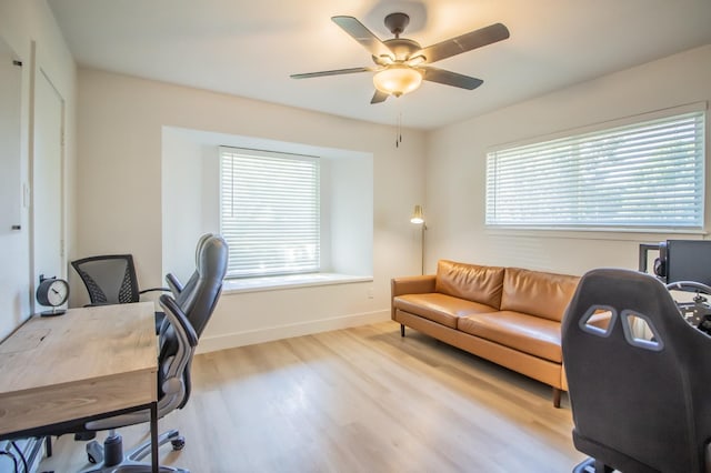 office area featuring ceiling fan and light wood-type flooring