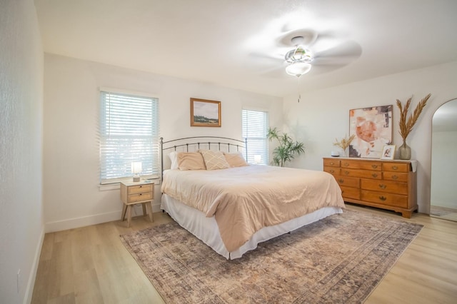 bedroom featuring ceiling fan and light wood-type flooring