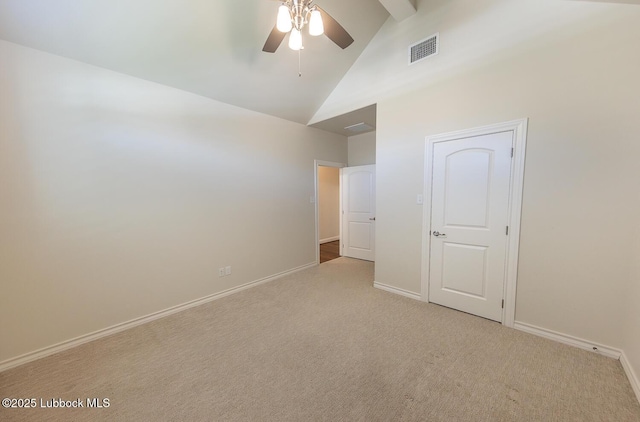 4003 124th St, Lubbock, TX 79423 - unfurnished bedroom featuring high vaulted ceiling, carpet floors, beamed ceiling, and a ceiling fan