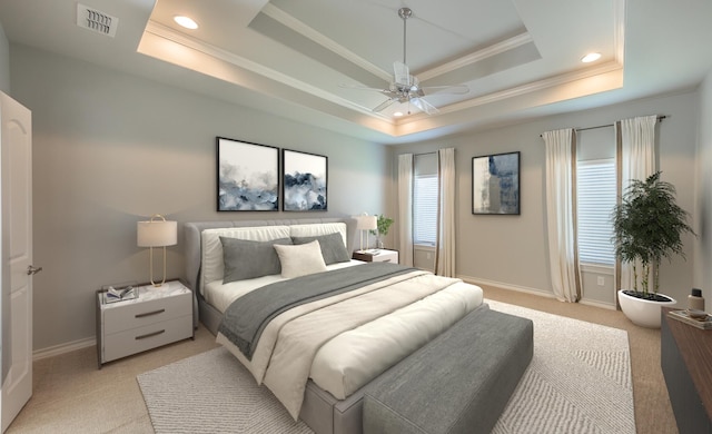 4003 124th St, Lubbock, TX 79423 - bedroom featuring light carpet, ornamental molding, a tray ceiling, multiple windows, and recessed lighting