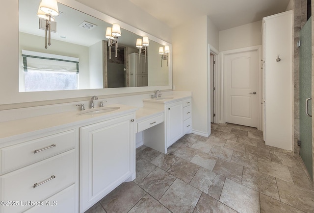 4003 124th St, Lubbock, TX 79423 - bathroom with double vanity, a stall shower, and stone finish floors