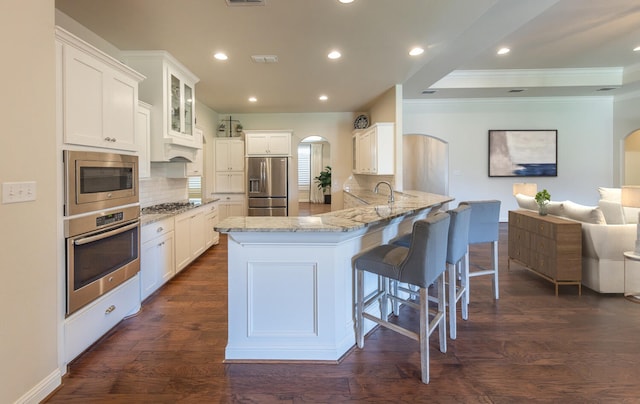 4003 124th St, Lubbock, TX 79423 - kitchen with stainless steel appliances, arched walkways, open floor plan, a peninsula, and light stone counters
