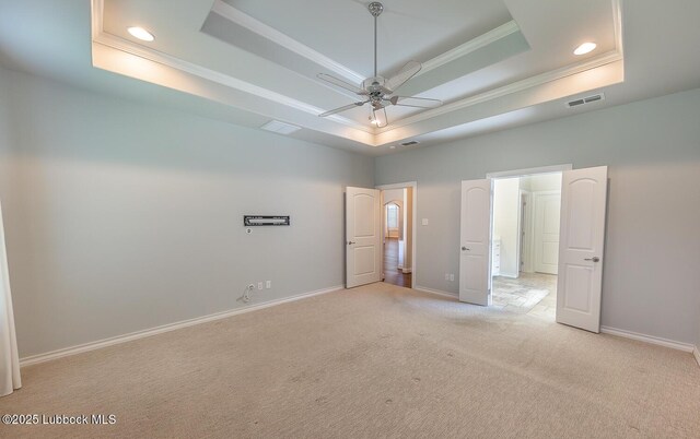 4003 124th St, Lubbock, TX 79423 - unfurnished bedroom featuring a raised ceiling, ornamental molding, light carpet, recessed lighting, and ceiling fan
