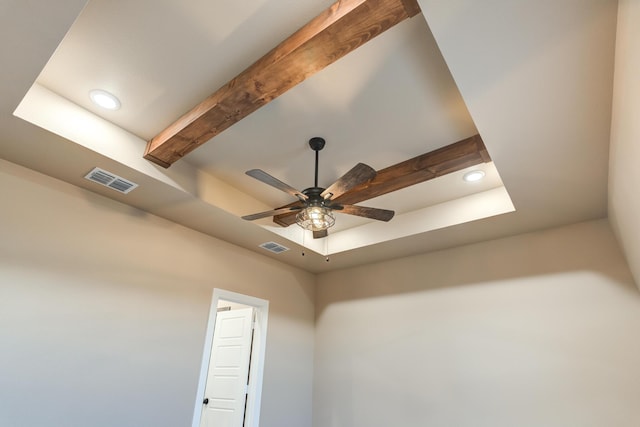 details with a tray ceiling, visible vents, beamed ceiling, and ceiling fan