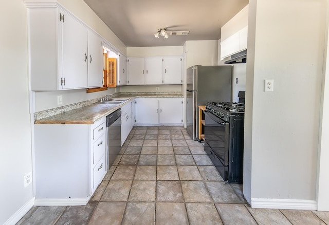 kitchen featuring white cabinetry, stainless steel dishwasher, sink, and black gas range oven