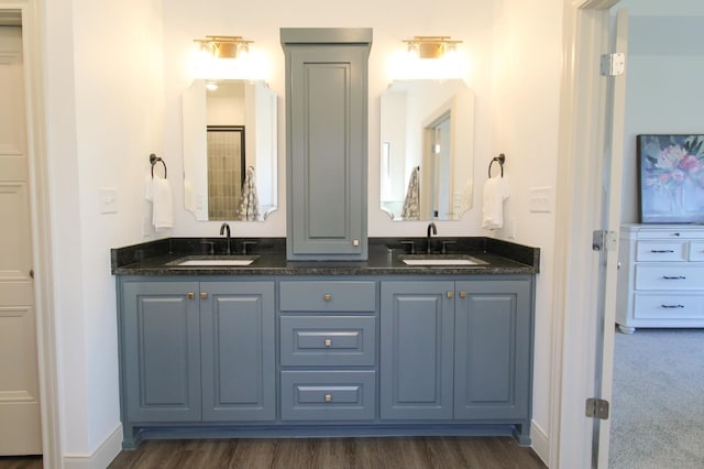 bathroom featuring vanity and wood-type flooring