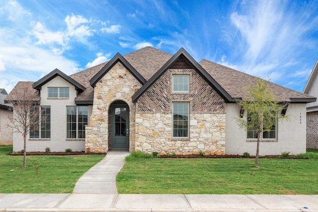 french country inspired facade with a front yard, roof with shingles, and brick siding