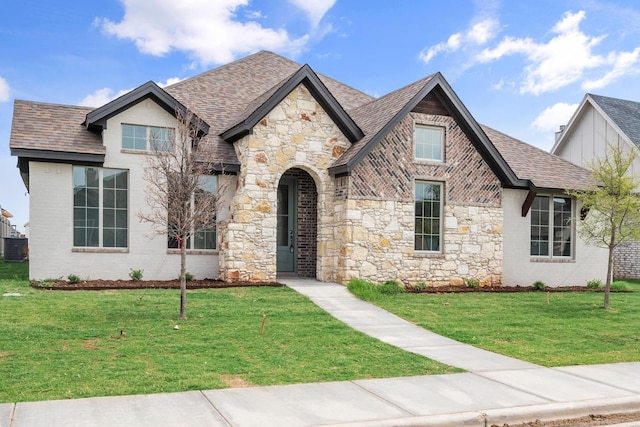 view of front of home with brick siding, roof with shingles, and a front yard