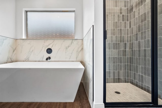 bathroom with hardwood / wood-style flooring and plus walk in shower