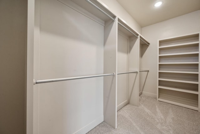 walk in closet with light colored carpet