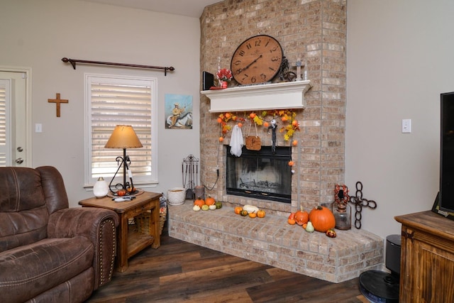 living room with dark wood-type flooring and a fireplace