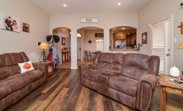 living room with dark wood-type flooring