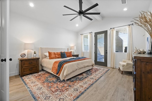 bedroom featuring ceiling fan, vaulted ceiling with beams, access to outside, and light hardwood / wood-style floors