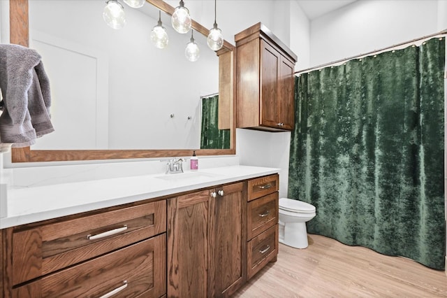 bathroom with wood-type flooring, vanity, and toilet