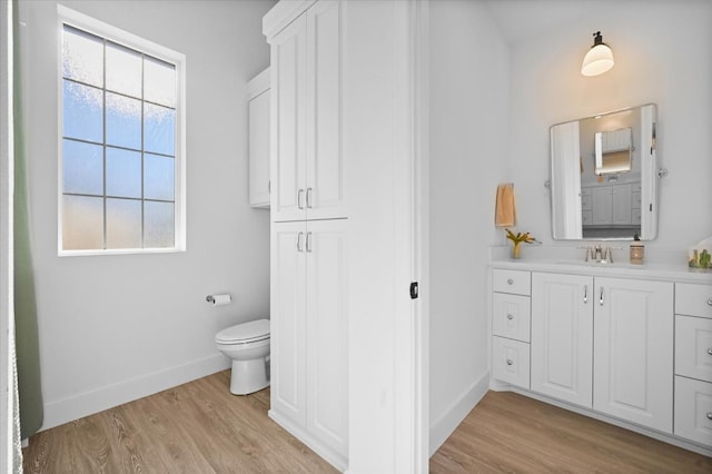 bathroom with wood-type flooring, vanity, and toilet