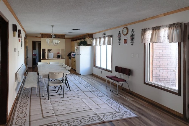 unfurnished dining area featuring ornamental molding, light hardwood / wood-style floors, and a textured ceiling