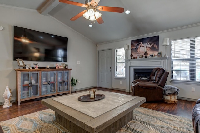 living room featuring lofted ceiling with beams, crown molding, ceiling fan, and dark hardwood / wood-style flooring