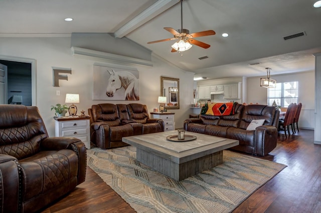 living room with dark wood-type flooring, ceiling fan, and lofted ceiling with beams