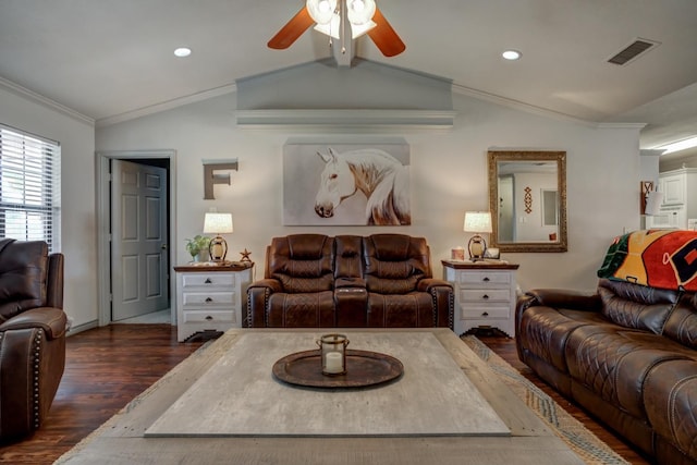 living room with crown molding, ceiling fan, lofted ceiling, and dark hardwood / wood-style floors