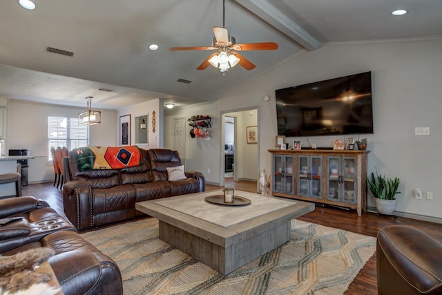 living room with lofted ceiling with beams, hardwood / wood-style flooring, and ceiling fan