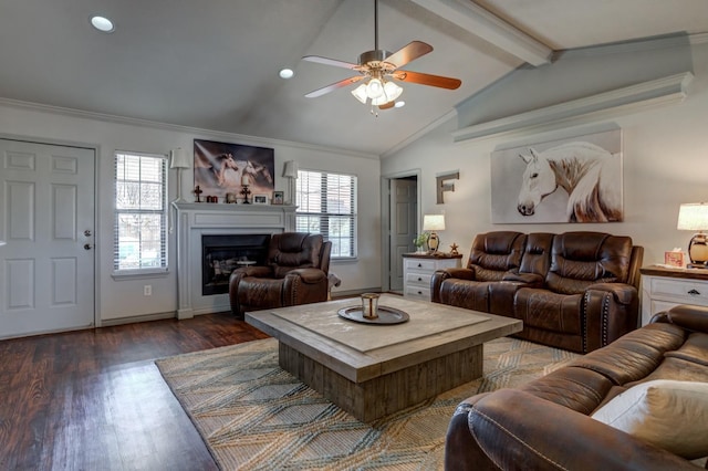 living room with vaulted ceiling with beams, dark hardwood / wood-style flooring, crown molding, and a wealth of natural light