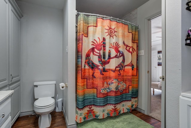 bathroom featuring hardwood / wood-style flooring, vanity, toilet, and a shower with shower curtain