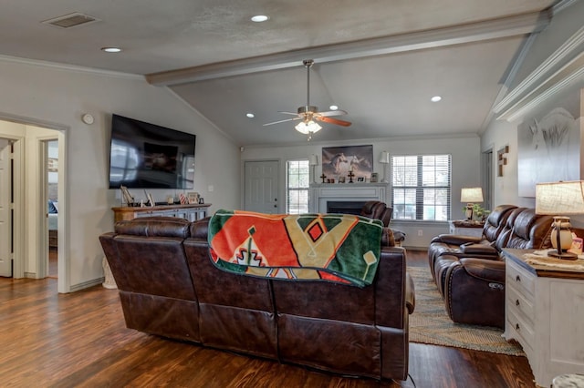 living room featuring ornamental molding, vaulted ceiling with beams, dark wood-type flooring, and ceiling fan