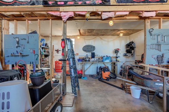 garage with a workshop area