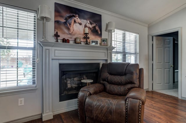 sitting room with crown molding, lofted ceiling, and dark wood-type flooring