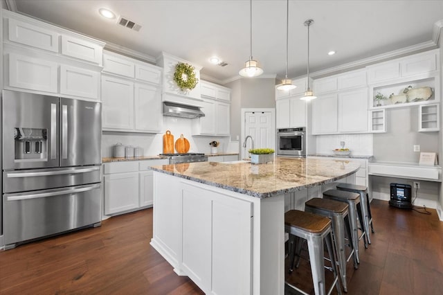 8405 E County Rd 6100, Idalou, TX 79329 - kitchen with appliances with stainless steel finishes, ornamental molding, dark wood-style floors, white cabinetry, and a sink