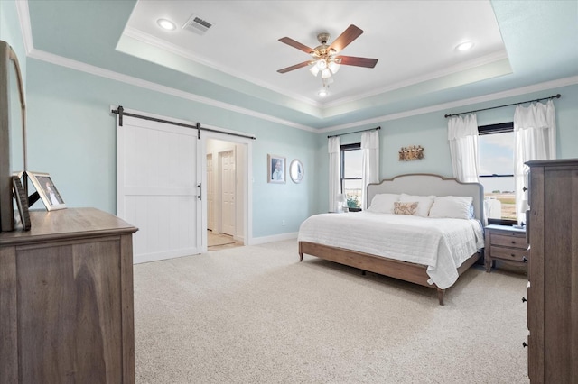8405 E County Rd 6100, Idalou, TX 79329 - bedroom with a raised ceiling, multiple windows, a barn door, crown molding, and recessed lighting