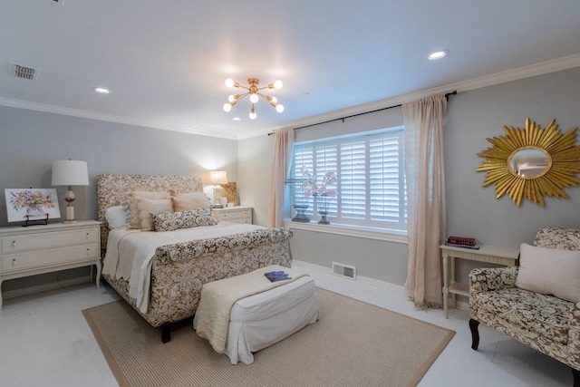 bedroom with crown molding and a notable chandelier