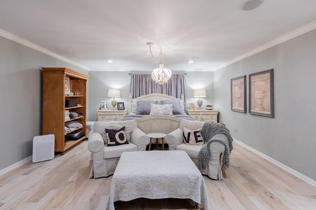 bedroom with crown molding, an inviting chandelier, and light wood-type flooring