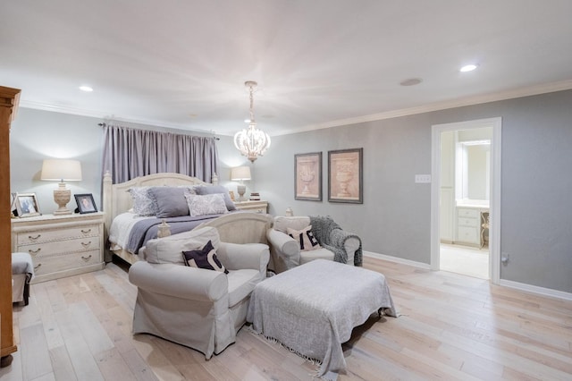 bedroom featuring ensuite bath, ornamental molding, and light wood-type flooring