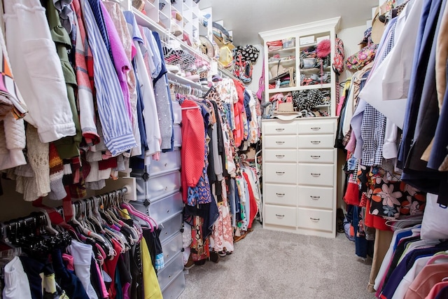 spacious closet featuring light colored carpet