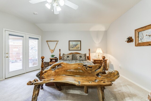 carpeted bedroom with access to exterior, vaulted ceiling, and ceiling fan