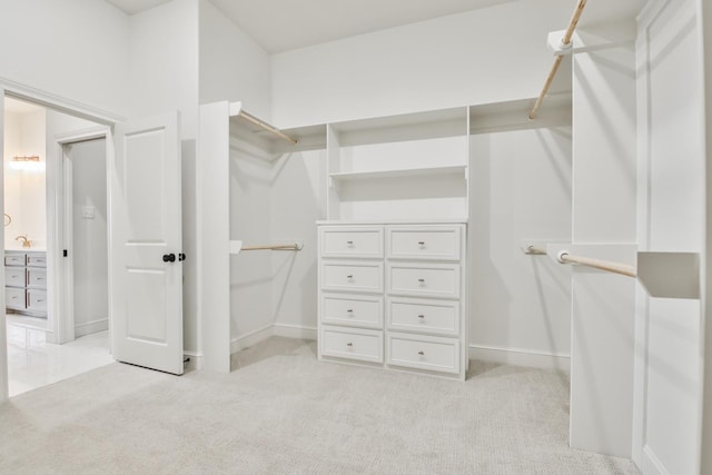 spacious closet featuring light colored carpet