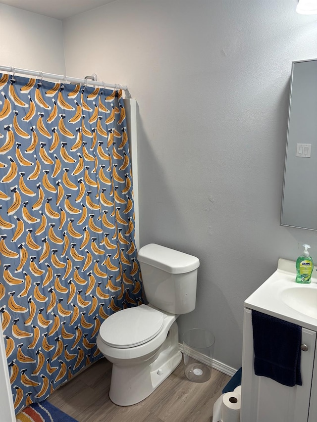 bathroom with wood-type flooring, toilet, vanity, and a shower with shower curtain