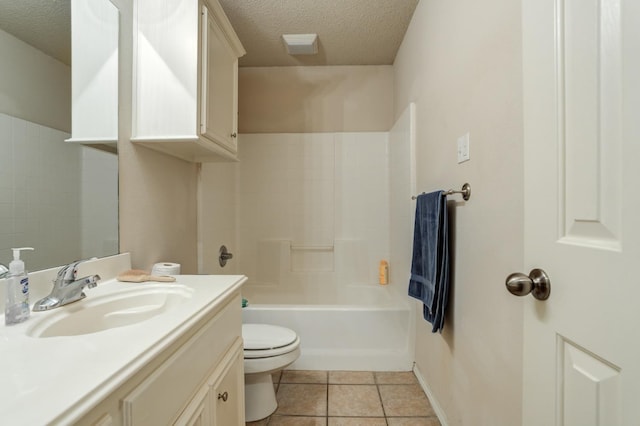 full bathroom with shower / bath combination, vanity, a textured ceiling, tile patterned floors, and toilet