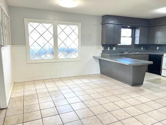 kitchen featuring white electric range, sink, a textured ceiling, gray cabinets, and kitchen peninsula