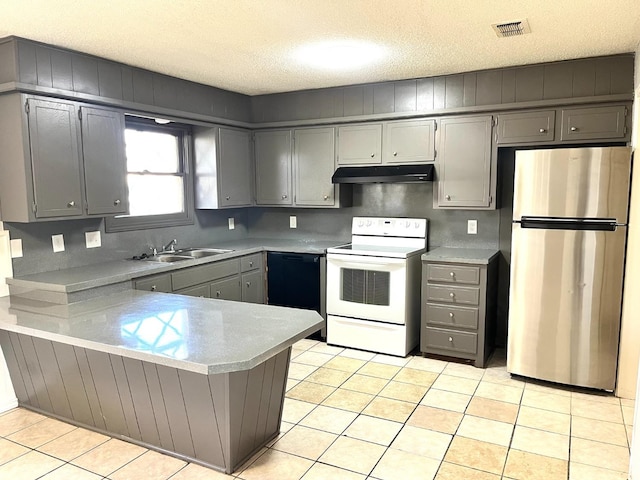 kitchen with gray cabinets, white range with electric stovetop, stainless steel refrigerator, dishwasher, and kitchen peninsula