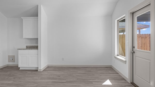 unfurnished dining area with baseboards, light wood finished floors, and plenty of natural light