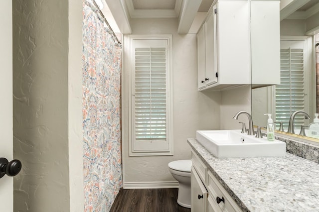 bathroom featuring crown molding, vanity, hardwood / wood-style flooring, and toilet