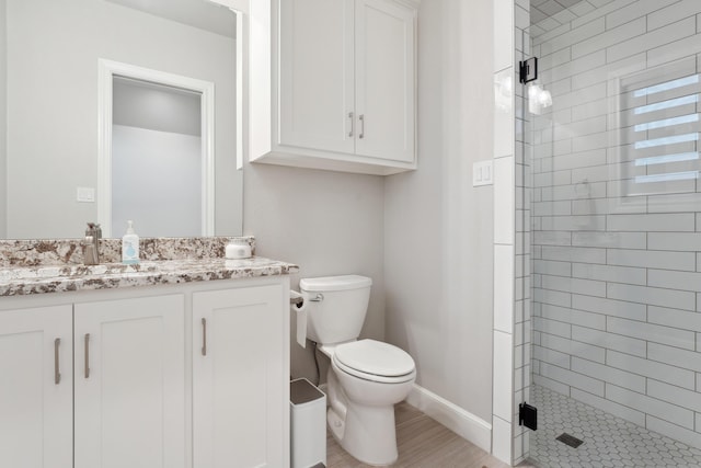 bathroom featuring vanity, toilet, and a shower with door